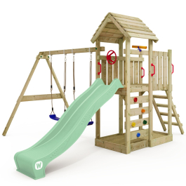 Wickey Parque Infantil de Madera MultiFlyer con Columpio y tobogán Azul,  Torre de Escalada de Exterior con Techo, arenero y Escalera para niños :  : Juguetes y juegos
