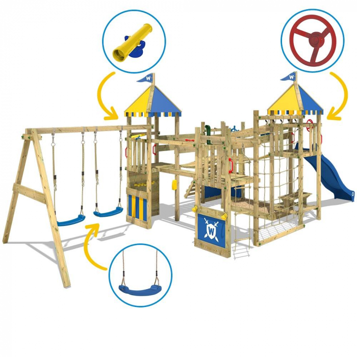 Torre de escalada da exterior con arenero y escalera para niños WICKEY Parque infantil de madera Smart King con columpio y tobogán azul 