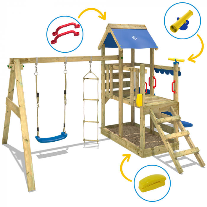 Torre de escalada de exterior con techo arenero y escalera para niños WICKEY Parque infantil de madera MultiFlyer con columpio y tobogán azul