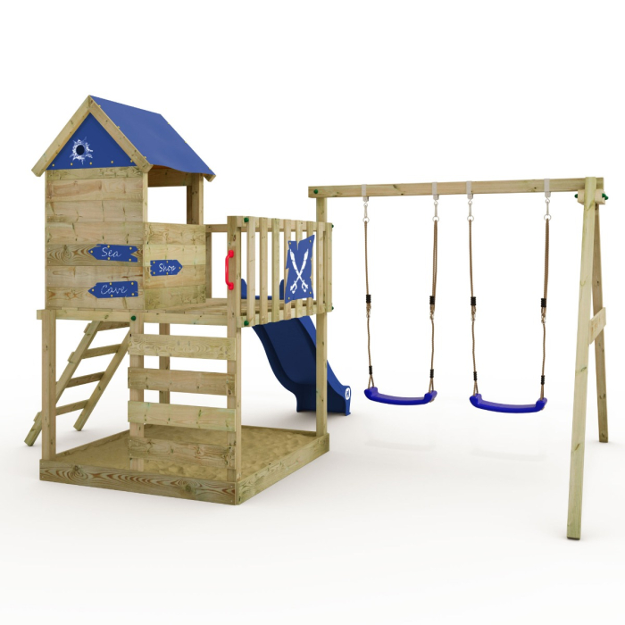 Wickey Parque Infantil de Madera MultiFlyer con Columpio y tobogán Azul,  Torre de Escalada de Exterior con Techo, arenero y Escalera para niños :  : Juguetes y juegos